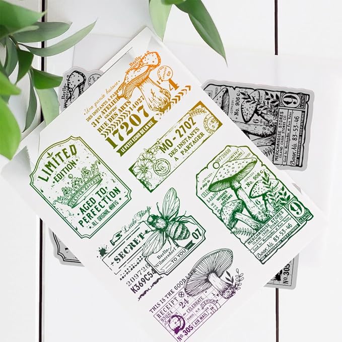 GLOBLELAND Retro Mushroom Bee Cling Rubber Stamp 7.09x8.66inch Crown Labels EVA Rubber Stamps Embossing Stamp Seal for DIY Scrapbooking and Card Making Paper Craft Decor