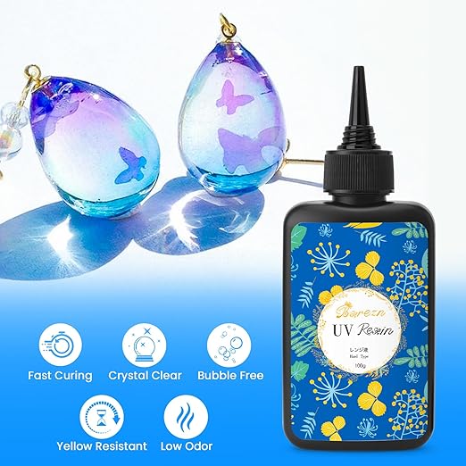 Bsrezn 200g UV Resin Kit with Large Light 32 Beads, Crystal Clear Solar Activated UV Epoxy Resin for Jewelry Making (100g x 2)
