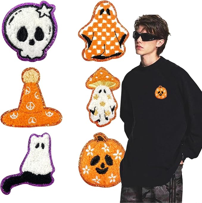 Halloween Ghost Iron on Patches 6Pcs Pumpkin Chenille Embroidery Sew on Stickers Cat Skull Plaid Applique for DIY Crafts T Shirt Clothing Jackets Backpacks Jeans Party Decorations Accessories