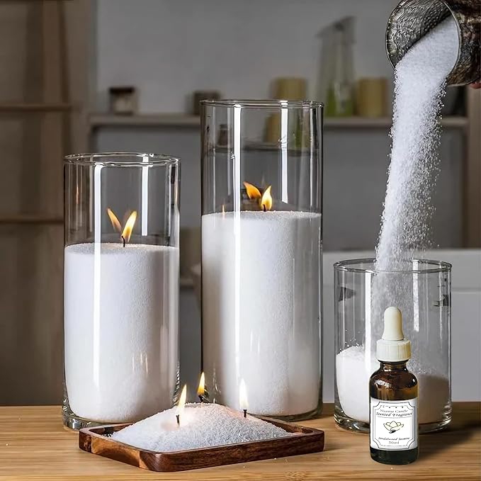 NICEME Pearled Candle All Natural 26 Oz Sandalwood Jasmine Scented Non-Toxic Luxury Long Lasting Powder Candles Upto 180 Hours Refillable Candle Sand with 30 Wicks 50ml Essential for Candle Making