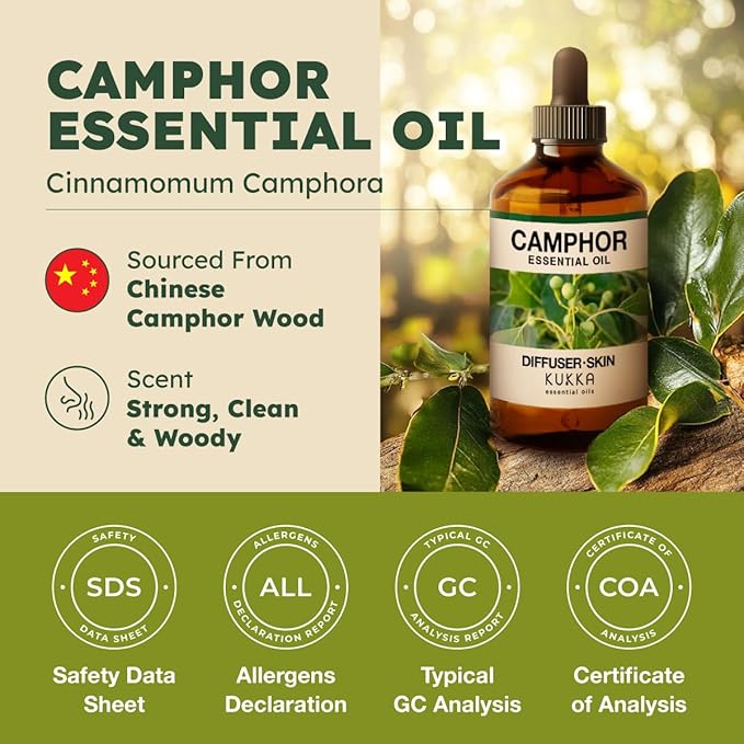 KUKKA Camphor Essential Oils - 4 Fl Oz - for Hair, Skin, Diffuser, Aromatherapy & DIY Soap Making Scent