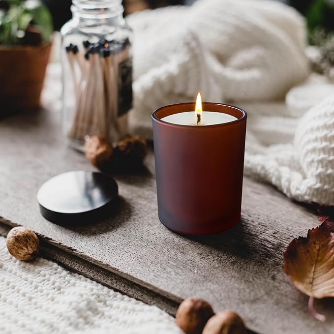 Thick Candle Jars for Making Candles 16 Pcs, 7 OZ Empty Jars with Wood Lids for Candle Making, Sample Container, Frosted Brown