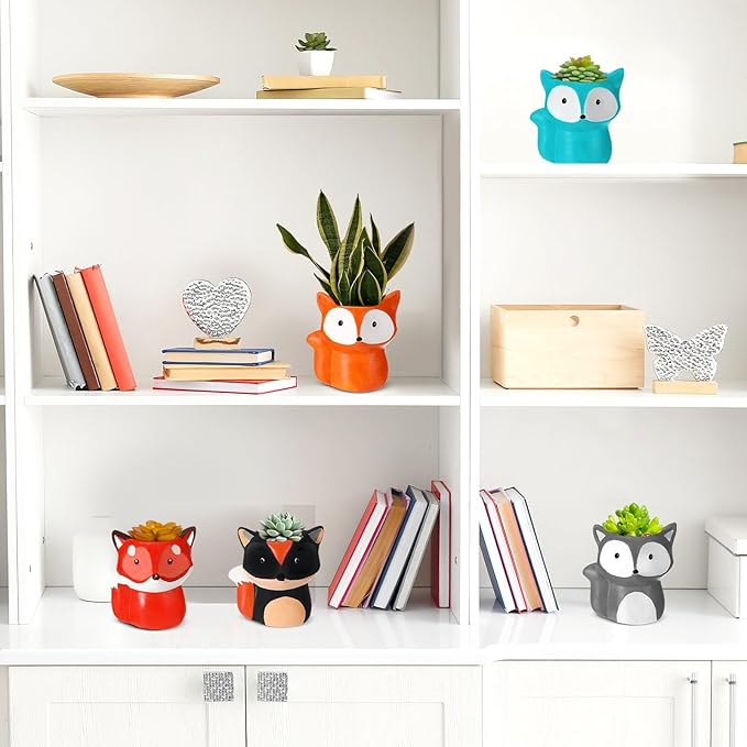 Pasimy 6 Set DIY Ceramic Succulent Planter Pots Paint Your Own Flower Pots Craft Kit Unpainted Bisque Paintable Flowerpot with Brush Palette Ready to Paint for Family Activity Gift(Fox)