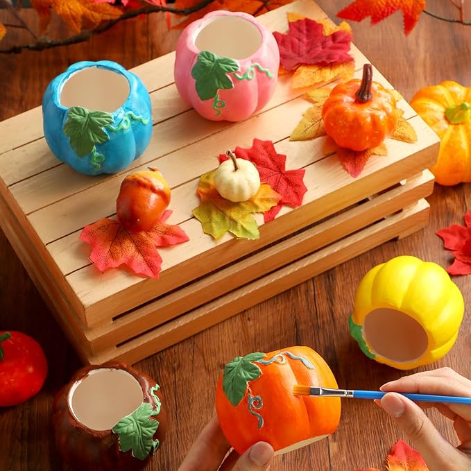 Pasimy 6 Set DIY Ceramic Succulent Planter Pots Paint Your Own Flower Pots Craft Kit Unpainted Bisque Paintable Flowerpot with Brush Palette Ready to Paint for Family Activity Gift(Pumpkin)