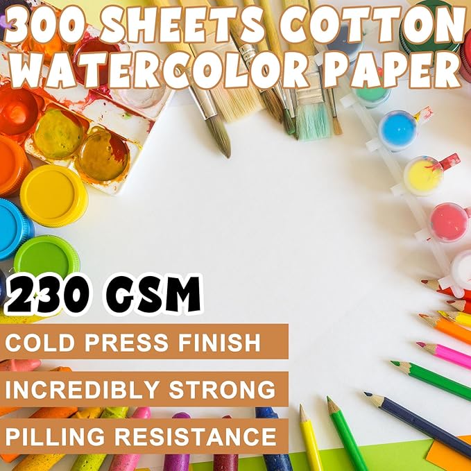 TaoBary 300 Pcs Watercolor Paper Sheet Bulk White Cold Press Paper Pack 110 lb 230 GSM Sketch Painting Watercolor Pad for Watercolorist Beginning Artists Adults Drawing Craft (6 x 12 Inch,230 GSM)