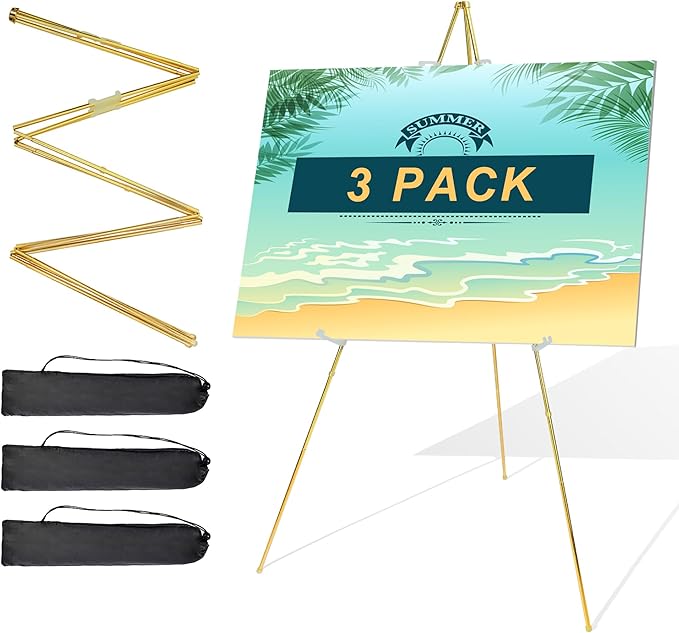 Easel Stand for Sign 63'' Art Easels for Display Wedding Welcome Poster Stand Portable Floor Metal Easel Gold 3 Pack