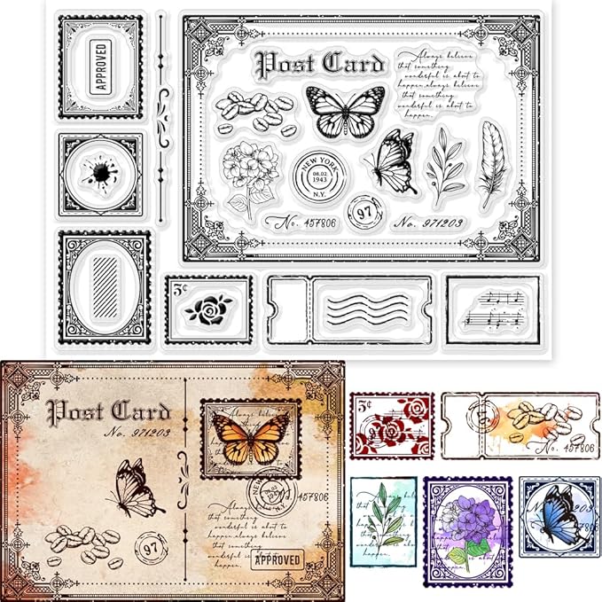 GLOBLELAND Vintage Postcard Clear Stamps Retro Postcard 5.83x8.27inch Decorative Clear Stamps Silicone Stamps for Card Making and Photo Album Decor Decoration and DIY Scrapbooking