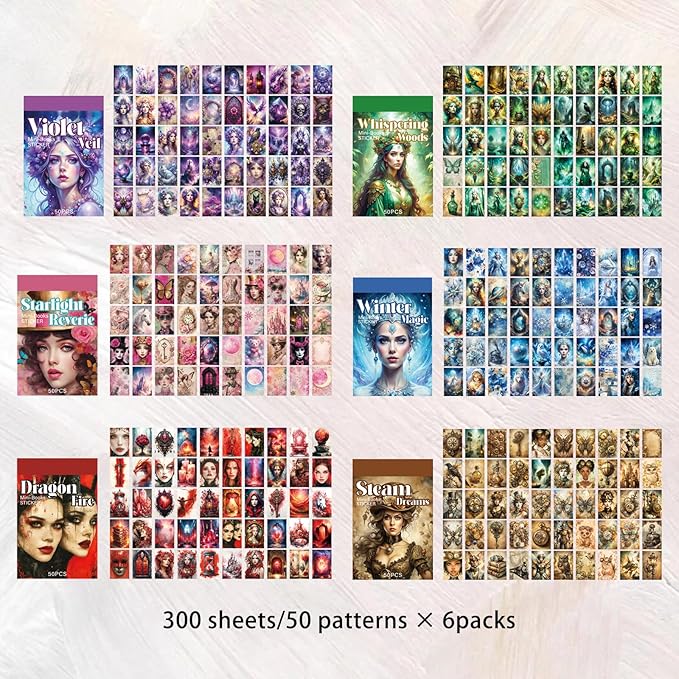 Washi Stickers, 6 Sets 300 Pcs Aesthetic Sticker Book for DIY Journaling, Journaling Supplies for Bullet Journal Art Diary Card Craft Gifts Planner Notebook