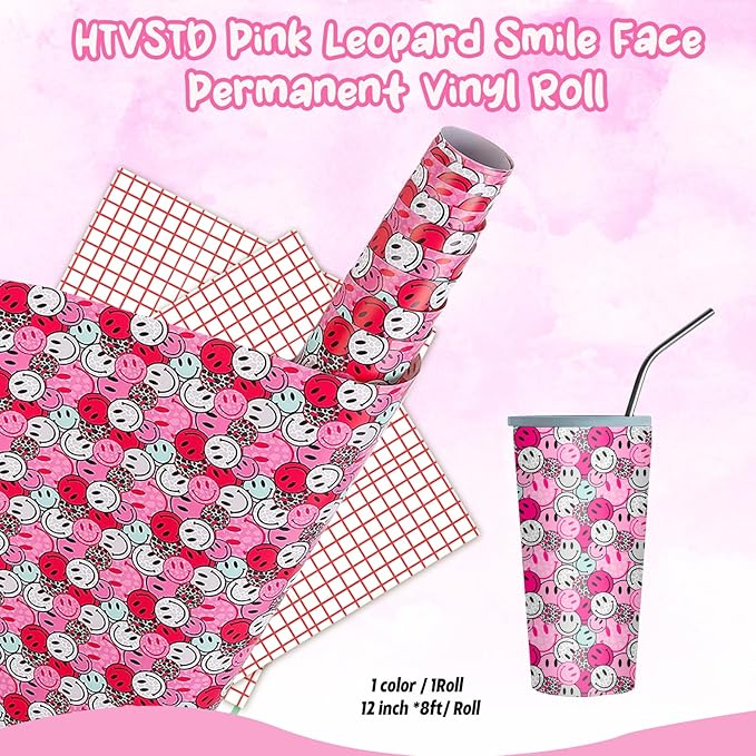 Pink Leopard Permanent Roll - 12'' x 8ft Smile Pink Face Permanent Vinyl Cow Print Adhesive Vinyl for Mugs Decors Self Adhesive