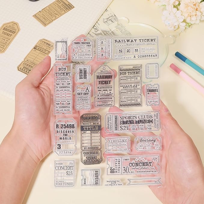 GLOBLELAND Retro Travel Ticket Clear Stamps for Cards Making Vintage Movie Ticket Background Clear Stamp Seals 5.83x8.27inch Transparent Stamps for DIY Scrapbooking Photo Album Journal
