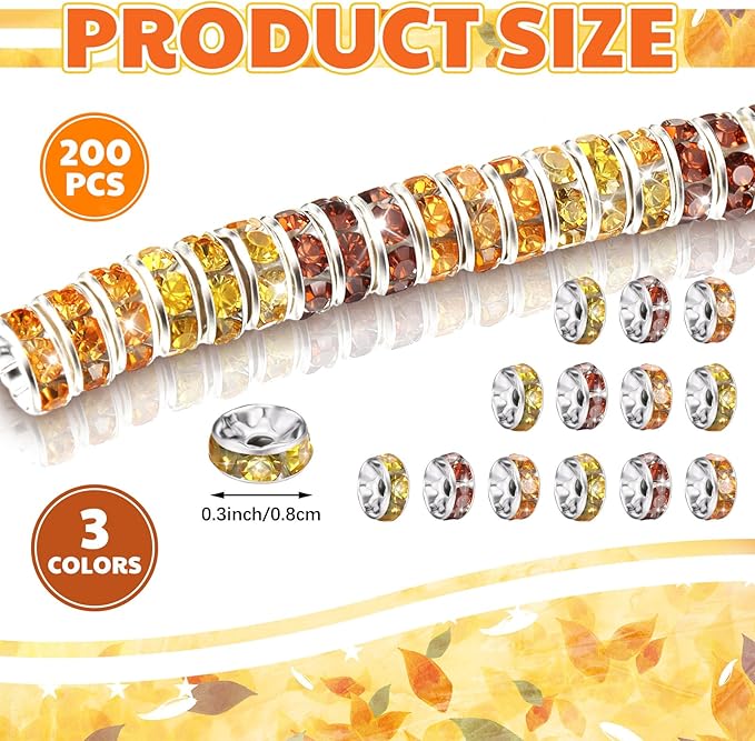 Ferreve 600 Pcs Fall Spacer Beads for Jewelry Making 8mm Yellow Brown Orange Rhinestone Crystal Spacer Beads for Beaded Pens DIY Thanksgiving Autumn Harvest Holiday Bracelet Necklace Gifts Crafts