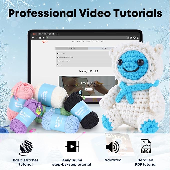 CrochetBox Christmas Crochet Kit for Beginners - Snowman Starters Crochet Kit, Beginners Crocheting Kitting for Adults Teen, Gifts with Crochets Yarns, Hook, Step-by-Step Video, Instruction