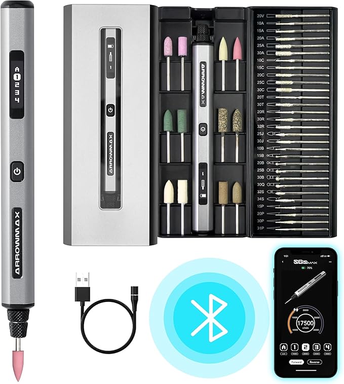 AM ARROWMAX Smart Engraving Pen, HollowCup Motor, 42 Bits with Aluminum Case, OLED, Magnetic Charge, Mini Electric Engraving Tool for Metal, Wood, Glass and Plastic (SGS MAX)