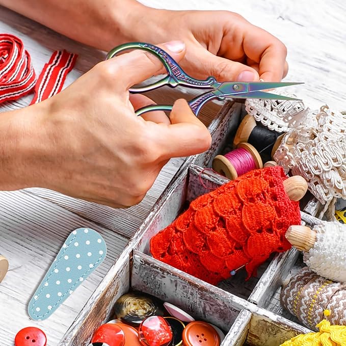 BIHRTC Small Craft Scissors 3.6inch Rainbow Scissors with Leather Cover Stainless Steel Sharp Tip Shears for Cross Stitch Sewing Crafting Art Work Threading Needlework Knitting