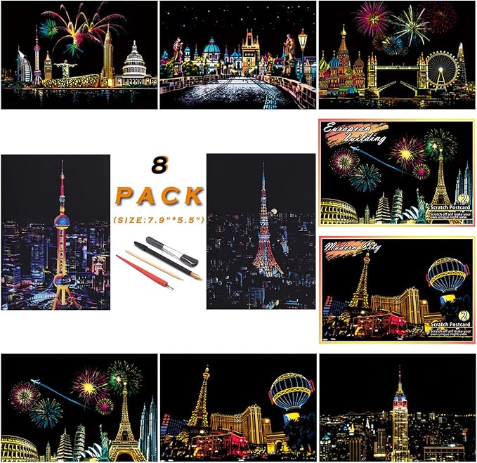 Scratch Rainbow Painting Art Postcards,Scratch & Sketch Art for Kids & Adults,Scratch Painting Creative Gift Engraving Art & Craft Set,Mini Envelope Postcard with 4 Tools,7.9''x5.5''(Modern Series)