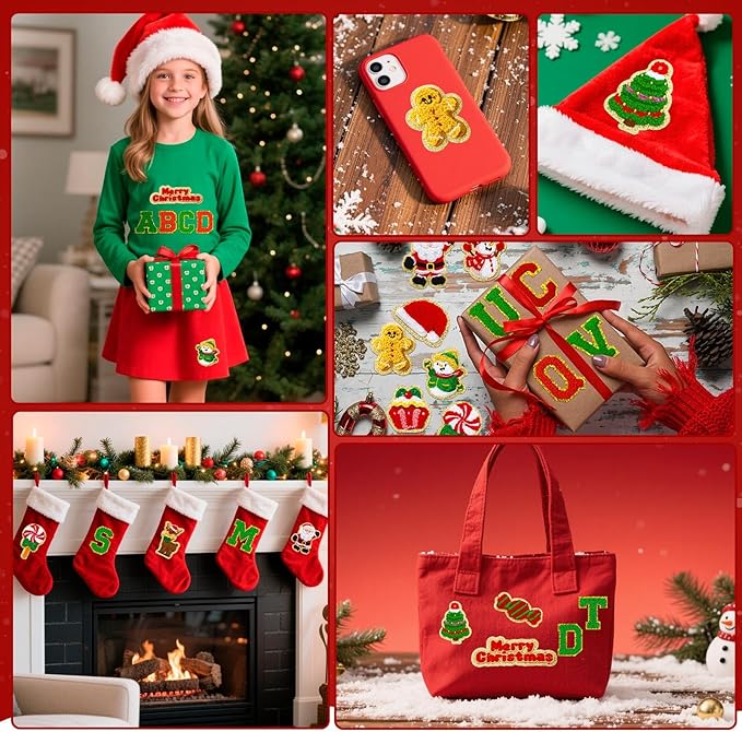 72 Pcs Red and Green Christmas Patches Embroidered Winter Christmas Letter Patches Self Adhesive,Include 52 A-Z Letters Patch,20 Winter Snowman Wreath Penguin Stick on Letter Stickers for Backpacks