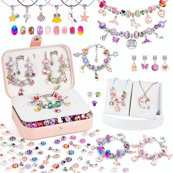 YJK Charm Bracelet Making Kit, 5-12 Year Old Girl Birthday Gifts, 133 Pcs DIY Beaded Jewelry Making Kit with Jewelry Box, Creative Crafts for Girls, Charm Necklace Making kit for Girls (Purple & Pink)