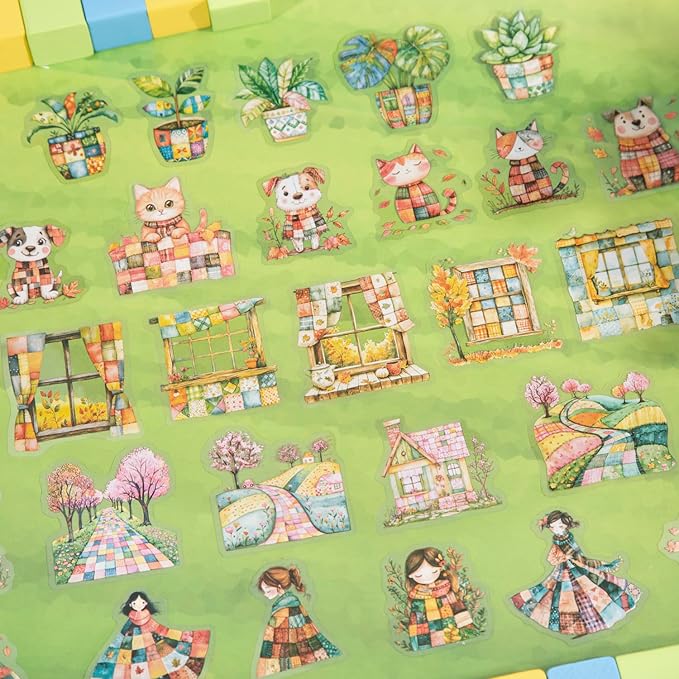 TIAMECH Spliced World PET Stickers - 60 Pcs Window Flower Bloom Plant & Playmates Cottage Girl Design, Waterproof Sticker for Journaling & Scrapbooking, Junk Journal Supplies, Ephemera & DIY Crafts