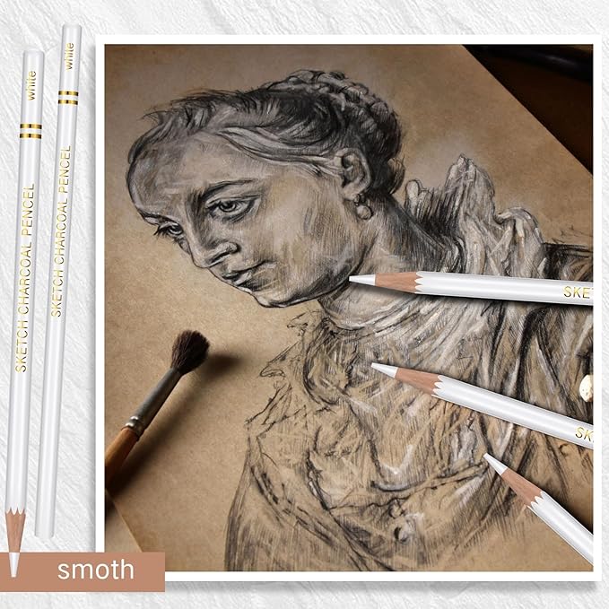 100 Pcs Charcoal Pencils Drawing Set, Charcoal Pencils bulk for Drawing Sketching Shading Blending Portrait Beginners and Artists(White,White Style)