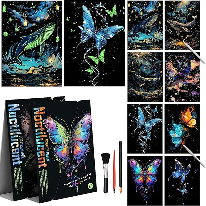 Adult Crafts Glow in The Dark, Scratch Art Rainbow Painting Paper 8 Sheet with Tools, Landscape Scratchboard for Teens & Adults Fun Creative Craft Toy/Gifts/Decor(A4-Noctilucent Butterfly, Whale)