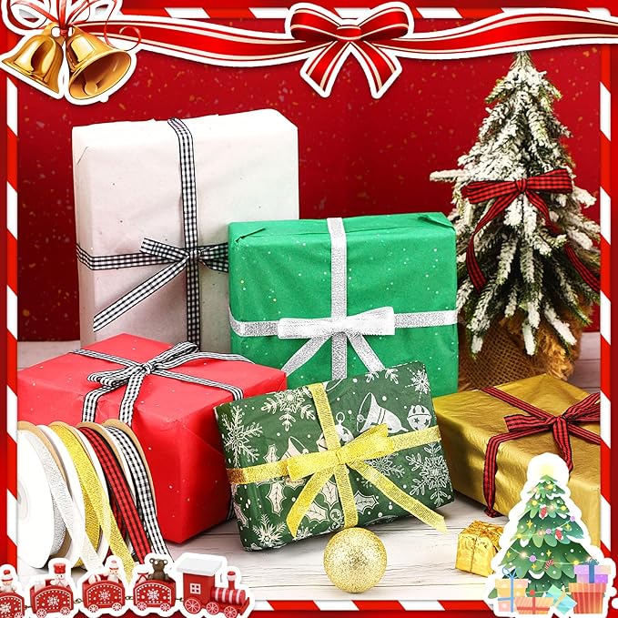 DECYOOL Christmas Ribbons, 4 Rolls 100 Yards Christmas Satin Ribbons 10mm Wide Holiday Craft Ribbons for Gift Wrapping and Xmas Decoration, Gold & Silver & Red Black Plaid & Black White Plaid