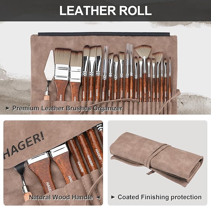 20 Pieces Paint Brushes, Expert Synthetic Nylon Bristles Paint Brush Kit with Palette Knife & Suede Leather Roll, Paint Brushes Set for Oil, Acrylic, Watercolor, Gouache and Detail Paintings