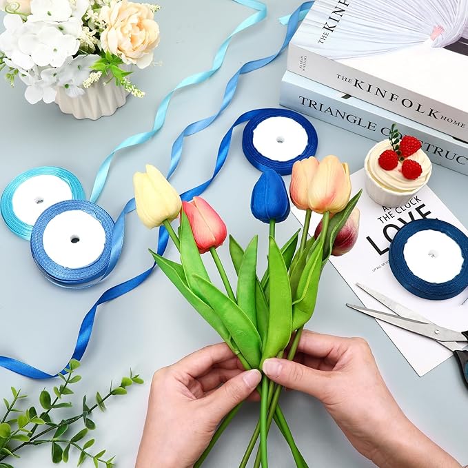 DECYOOL 4 Rolls 100 Yards Blue Satin Ribbons for Gift Wrapping, 10mm Wide Assorted Shades of Blue Thin Ribbon for DIY Crafts Wedding Decor, Baby Shower