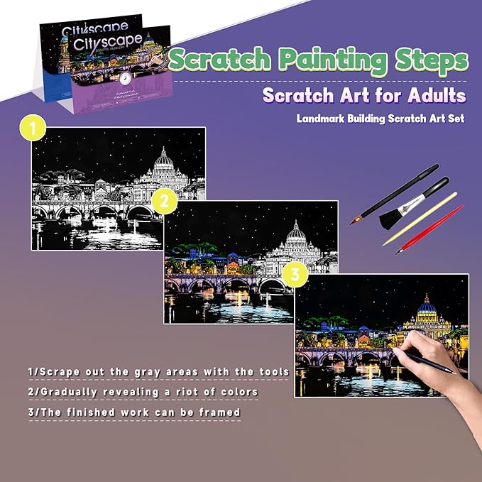 Scratch Art for Adults-Scratch Painting Craft Kit (4 Sheets 16x11 in)|Foil Engraving Art Set|Stress Relief Gift for Travel Lovers,Craft Lovers|Creative Scratch Art Home Decor(City Scape 2)