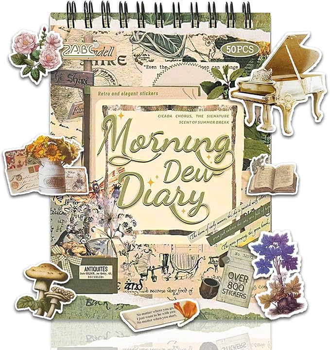 WCCH Vintage Scrapbook Sticker Supplies, 25 Sheets PET and 25 Sheets Washi Stickers, Over 800 Self-Adhesive Pre-Cut Stickers for Junk Journal, Bujo, Collage, Adult Crafts Arts, Letters DIY