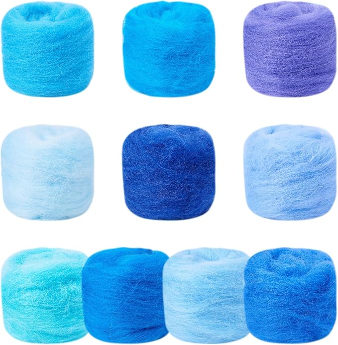 FASHEWELRY 1.76 OZ Wool Felt Kit Blue Theme Needle Felting Wool Roving 10 Colors Nature Wool Roving for Needle Felting Wet Felting DIY Hand Spinning