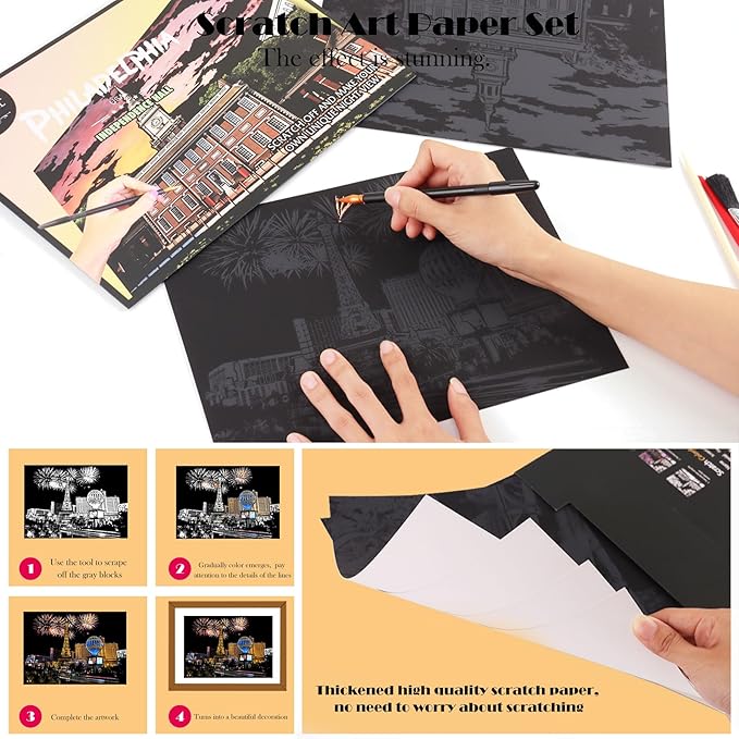 Scratch Art Kit for Adults -A4, Colorful City Scratch Painting Series - Portable Stress Relief Craft, Travel-Friendly Creative Gift for Artists with Tools(Set 3)