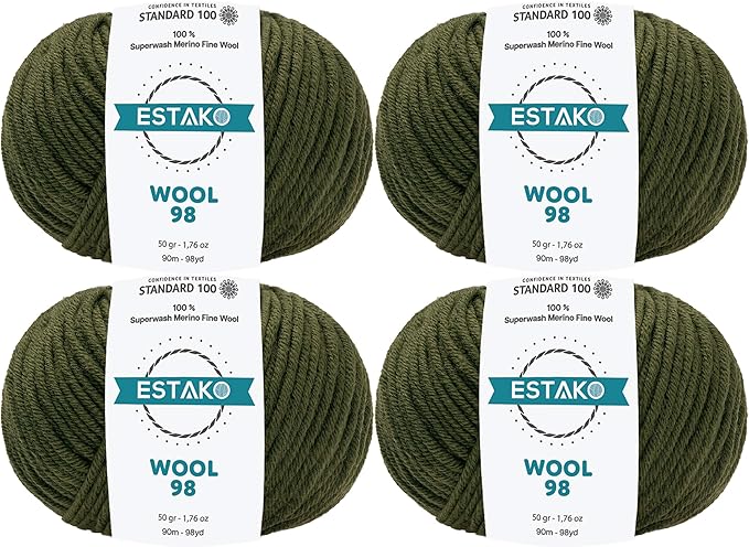 Estako Wool 98 (4- Skeins Pack) 100% Superwash Merino Wool Medium Worsted Weight Soft Knitting and Crochet Yarn (4 x 1.76 oz) (6372 - Olive Green)