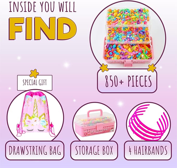 Orian Pop Beads Jewelry Making Kit for Girls – Extra-Large 850+ Piece Set with Hairbands, Bracelets & Rings – Snap Beads for Kids Ages 3+, DIY Jewelry Kit with Unicorn Gift Bag & XL Storage Case