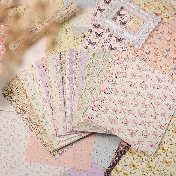 160 Sheets Vintage Flower Scrapbook Paper Purple Pink Flowers with Cursive Script No Repeating Patterns Perfect for Junk Journal DIY Cards Craft Albums Scrapbooking Supplies (Pink, 3.9 x 5.5 inches)