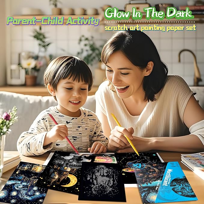 Scratch Paper Art for Adult-Glow in The Dark Scratch Painting Craft Kit (8 Sheets A5)|DIY Foil Engraving Art Set|Stress Relief Gift for Craft Lovers|Creative Scratch Art Home Decor(Marine & Castle)