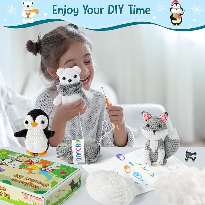 BWkoss Crochet Kit for Beginners, Polar Animal Crochet Starter Kit for Adults Kids Fox Penguin Polar Bear DIY Yarn Knitting Craft Supplies with Step-by-Step Video Tutorials for Knitting Enthusiast