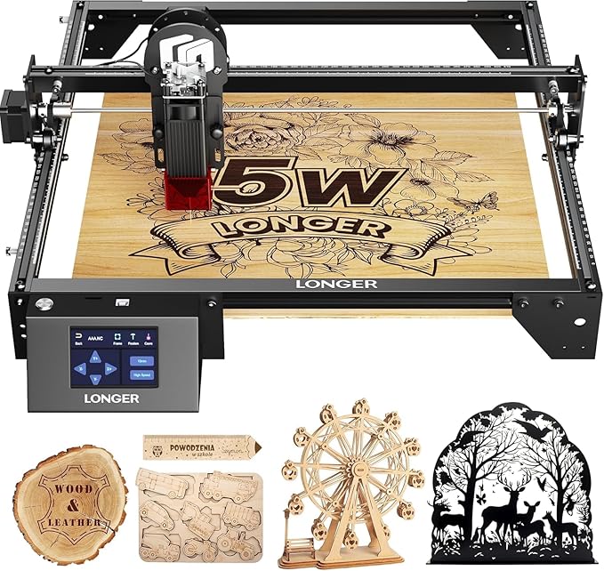 LONGER Laser Engraver Ray5 5000MW Higher Precision DIY Laser Engraving Machine for Wood Metal Acrylic Glass Leatherwith 3.5" Touch Screen, 400x400mm,0.08mm Laser Spot 10000mm/min