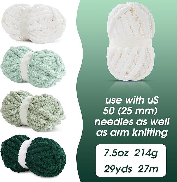 HOMBYS 8 Pack Assorted Chunky Yarn for Crocheting,Super Bulky Large Soft Fluffy Yarn,Plush Fuzzy Yarn,Thick Chenille Yarn for Hand Knitting/Arm Knitting,Green Gradient(27yds,8 oz Each Skein)