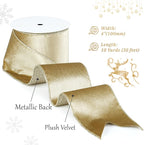 Khaki Velvet Wired Ribbon with Glitter Back 4 Inch Gold Christmas Ribbon Wired Camel Ribbon for Christmas Tree Decorations, Gift Wrapping, Crafts, Wreaths Supplies, Bows (10 Yards)