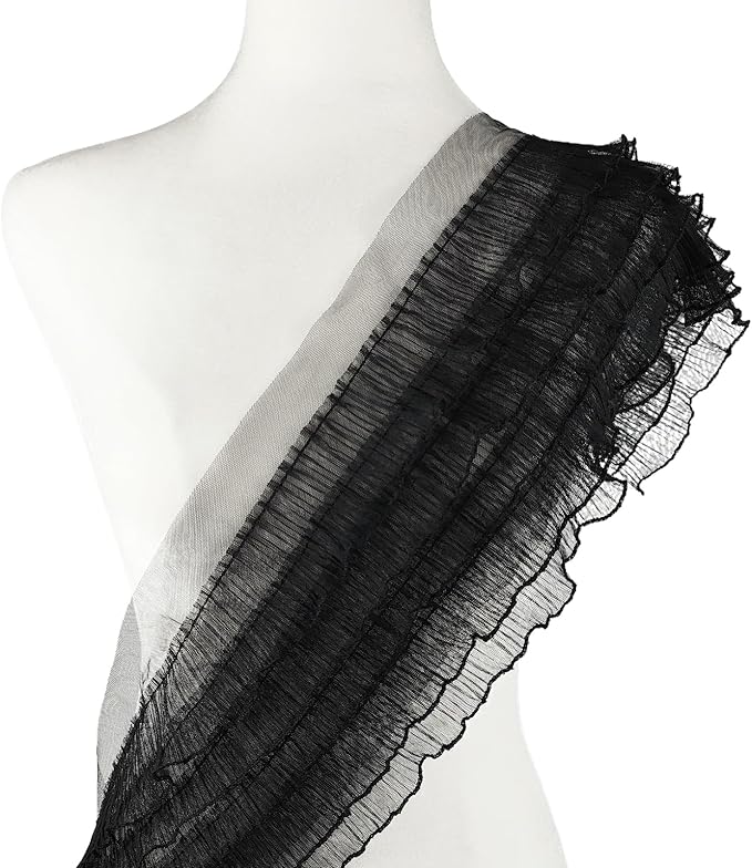1 Yards Black Pleated Lace Chiffon Fabric Elastic Lace Trim for Wedding Bridal Dress Decoration DIY Sewing Clothing Decoration, 6 Inch