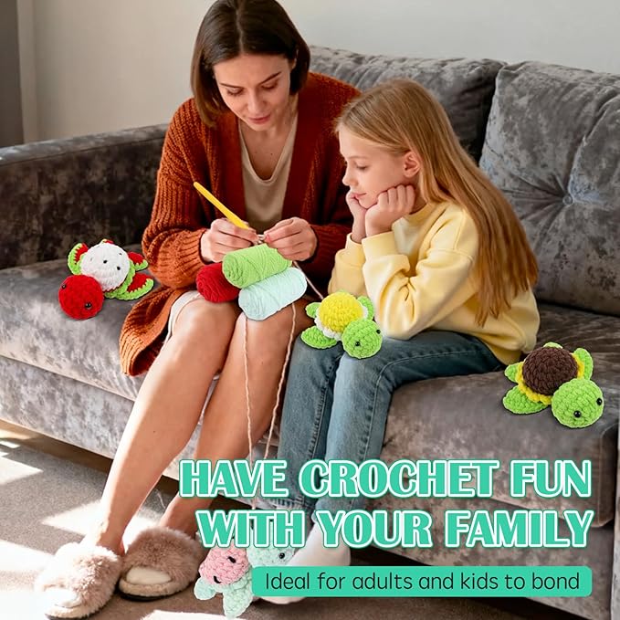 5PCS Crochet Kit for Beginners, Knitting Kit with Step-by-Step Video Tutorials, Beginner Crochet Kit for Adults with Easy Peasy Yarn, Crochet Animal Kit for Beginners Kids,5 Fruite Turtles (40%+ Yarn)
