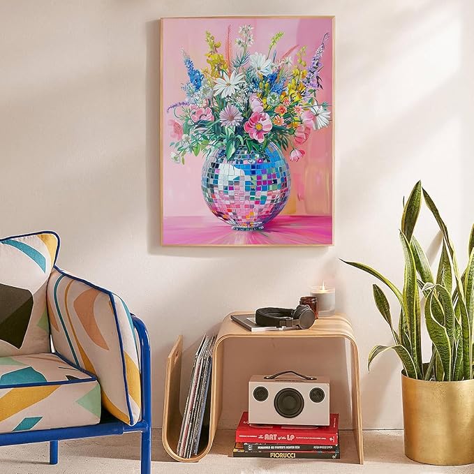 Lzyueyuan Flowers Stamped Cross Stitch Kits for Adults Beginner, Disco Ball Cross Stitch Ornament Kits Counted Embroidery Needlepoint Kits Home Decor 11.8X15.7inch