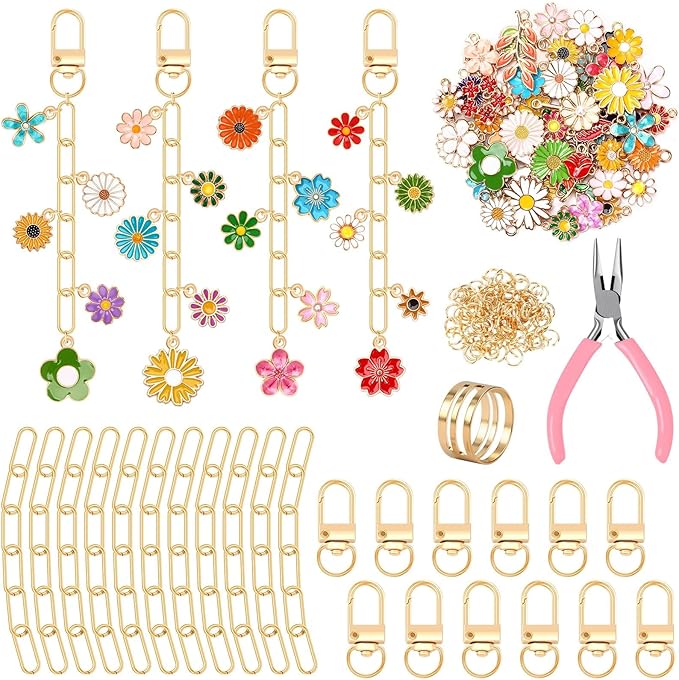 AUGSUN 189Pcs Keychain Making Kit, Charm Jewelry Chain Making Crafts Including 60 Charms 12 Keychain Clips Hooks 15 Extender Chains 100 Jump Ring and Jewelry Plier for Crafts (Flower)