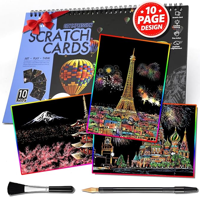 Scratch Art Book(A4-10Page) for Adults & Teens – ASMR Stress-Relieving Scratch Off Art | Paint by Scratch Kit Set | Travel Landmarks & Engraving Art | Creative Gift for Adults (Colorful City Series B)