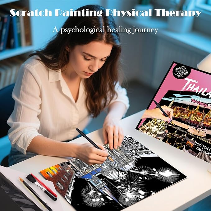 Scratch Art Paper for Adults Foil Art- Colorful City Series, Scratch Painting for Adults/Teens, Scratch and Sketch Craft Gift | Foil Engraving Scratch Art Adult (Set 1)