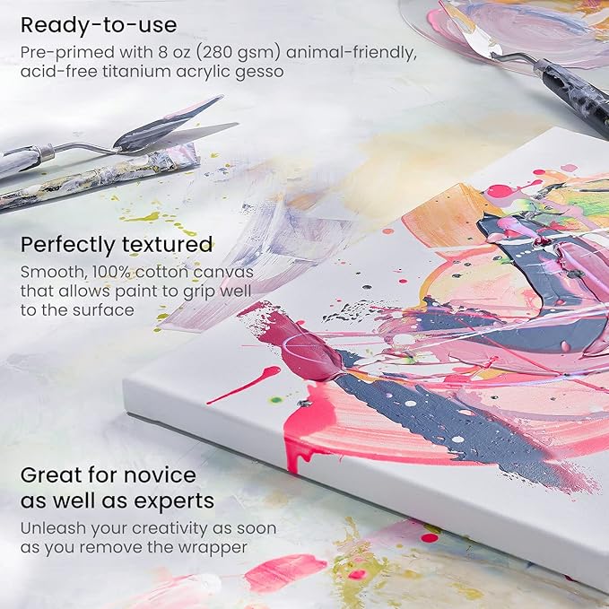 ARTEZA Stretched Canvas, 10 x 10 Inches, Pack of 8, Blank White Square Canvas for Painting for Acrylic, Oil and Gouache Paints