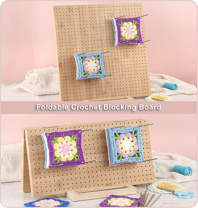 OGANAZI 15" Foldable Crochet Blocking Boards for Crochet Projects, Wooden Granny Square Blocking Board with 30 Pegs, Handcrafted Knitting Blocking Mat, Ideal Crocheting Accessories Gift for Crocheters