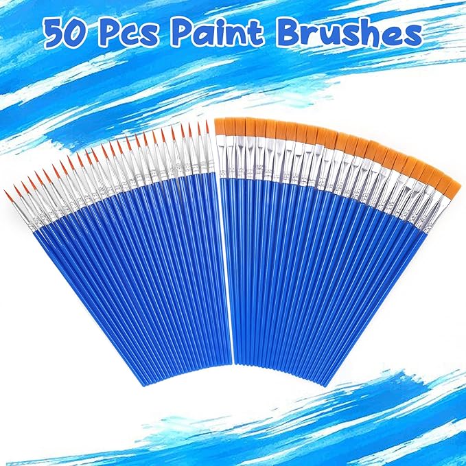 Paint Brushes Bulk, 50 Pcs Nylon Hair Paint Brushes for Acrylic Painting, Craft Paint Brushes Set for Kids Watercolor Face Canvas Detail Painting (Flat and Round)