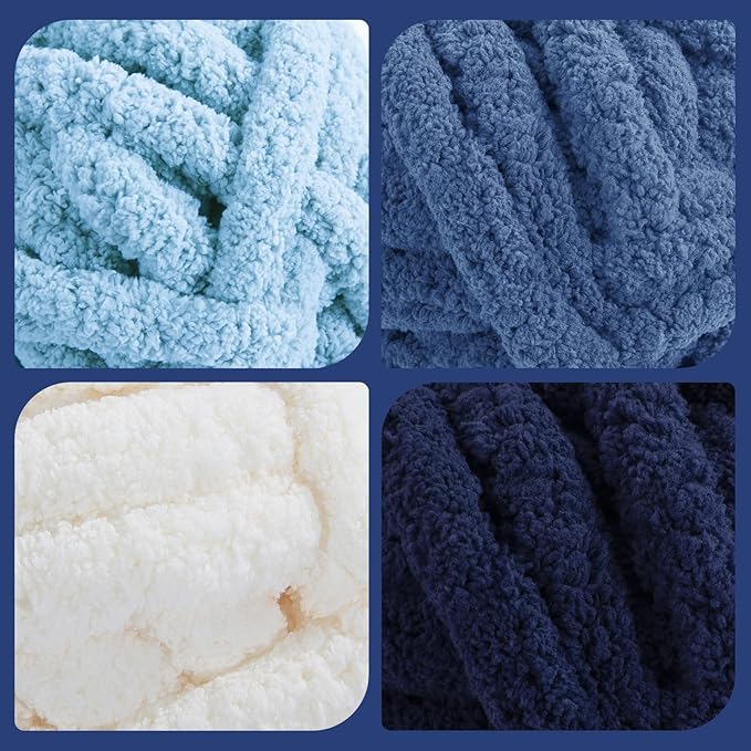 HOMBYS 8 Pack Assorted Chunky Yarn for Crocheting,Super Bulky Large Soft Fluffy Yarn,Plush Fuzzy Yarn,Thick Chenille Yarn for Hand Knitting/Arm Knitting,Cream&Blue (27yds,8 oz Each Skein)