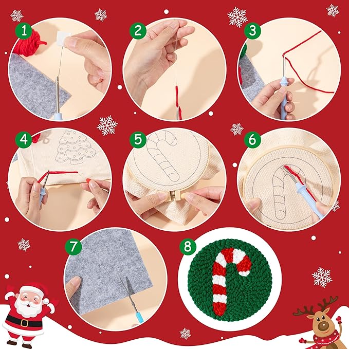 WATINC Christmas Punch Needle Coaster Kit - 23Pcs Easy Art Work Decor Craft Supply for Beginners, DIY Set of 6 Unique Pattern Tufted Pads with Adhesive Felt Yarn Tools Coaster Holder Instruction (Red)